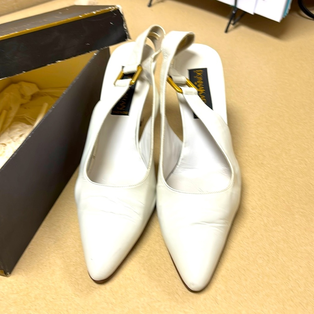 Donna Karan Couture all leather white sling back pump with in inch width   heal